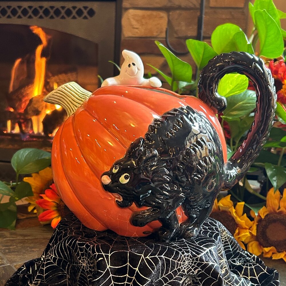 Fitz & Floyd RARE Retired Halloween Pumpkin Pitcher w/Cat & Ghost